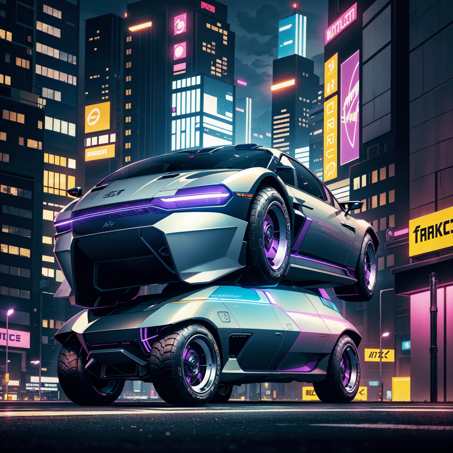 black futusiticc Sprot Car, Metalic Black with purple Stripes, driving through the futuristic City by night