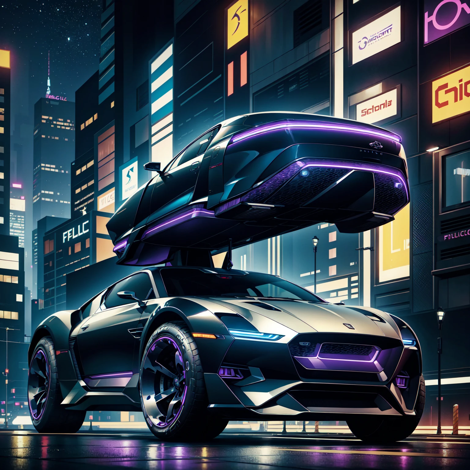 black futusiticc Sprot Car, Metalic Black with purple Stripes, driving through the futuristic City by night