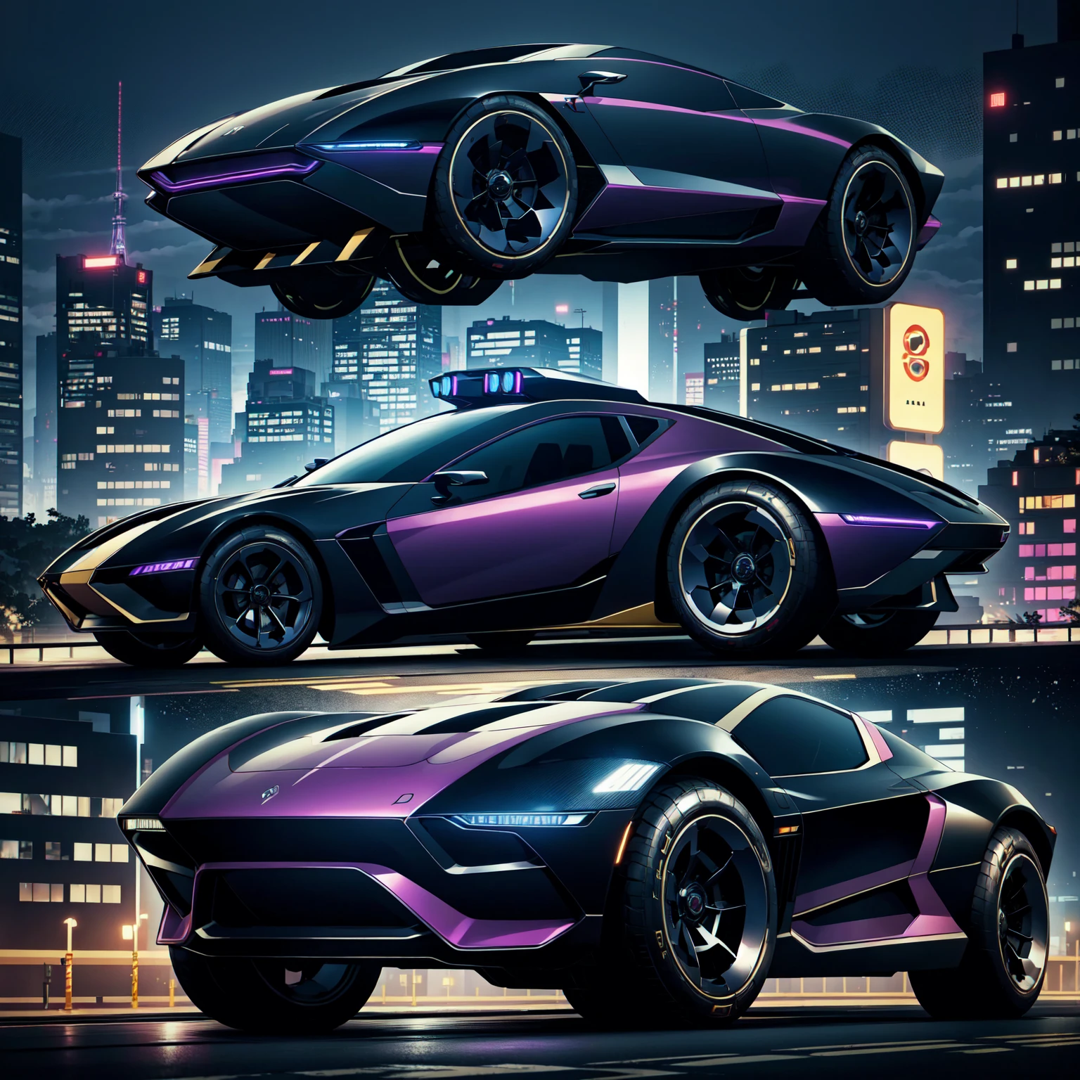 black futusiticc Sprot Car, Metalic Black with purple Stripes, driving through the futuristic City by night