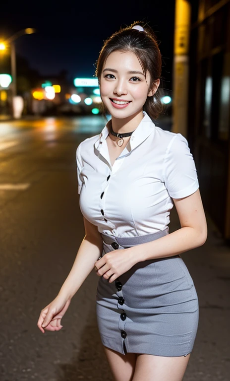 (A gorgeous Japanese office lady, age 28, wearing formal office attire, short-sleeve white shirt with collar and buttons, grey pencil mini-skirt, walking in town at midnight, friendly and kind expression, gentle smile, dimpled chin, cute snaggle-tooth, short hair ponytail, symmetrical face, beautiful detailed face, bright_and_full_of_warmth_eyes, detailed eyes, ample round bosom, photorealistic, hyper-realism, high contrast, ultra HD, realistic skin textures, top image quality, top-quality, super high resolution, fine details, very meticulously, masterpiece, head to knees, the Cowboy shot, romantic atmosphere, bokeh night background)