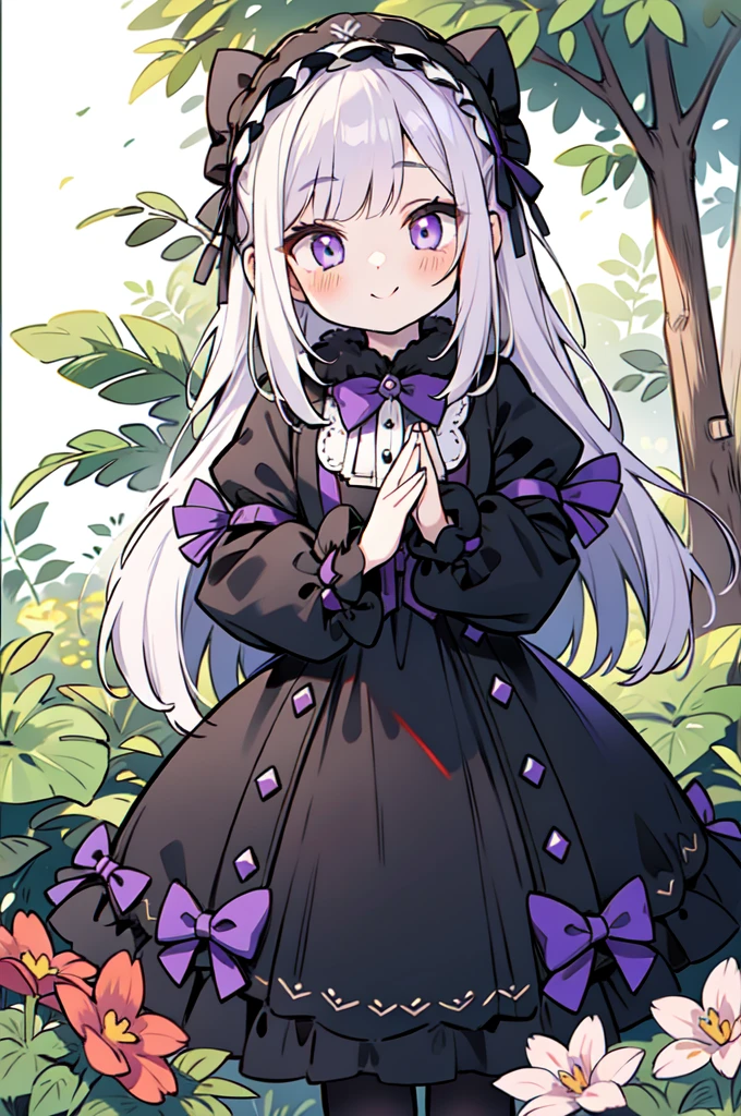 violet eyes, long black fur. Black white and purple lolita clothing. tender poses. Tender smile. Pale skin and blush. garden background with plants.