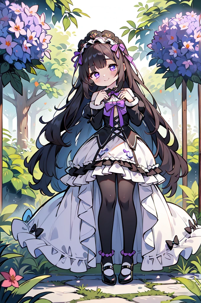 violet eyes, long black fur. Black white and purple lolita clothing. tender poses. Tender smile. Pale skin and blush. garden background with plants.