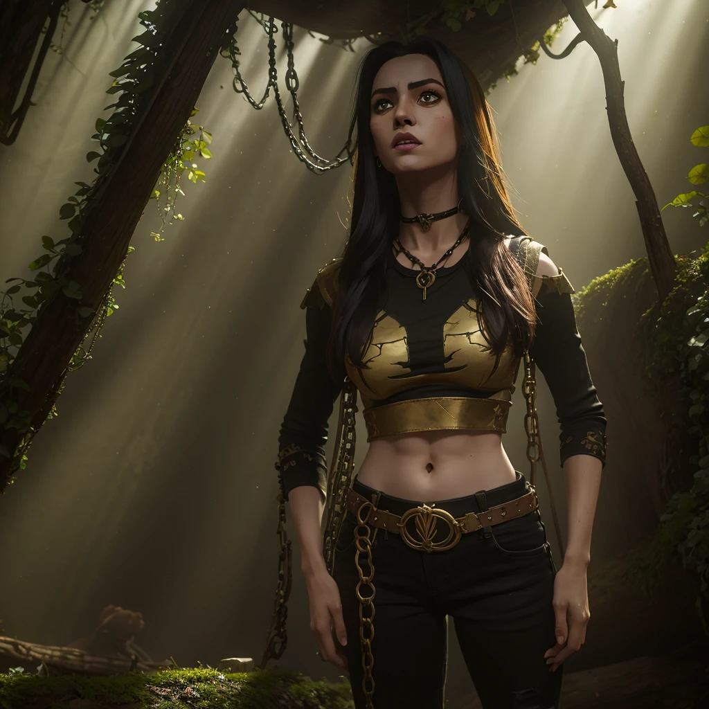 forest, catgirl, black cropped t-shirt adorned with medals and chains, black jeans adorned with chains and patches, beams of sunlight shining through the canopy, yellow eyes, calico fur, beautifully lit, insanely detailed, stunning environment