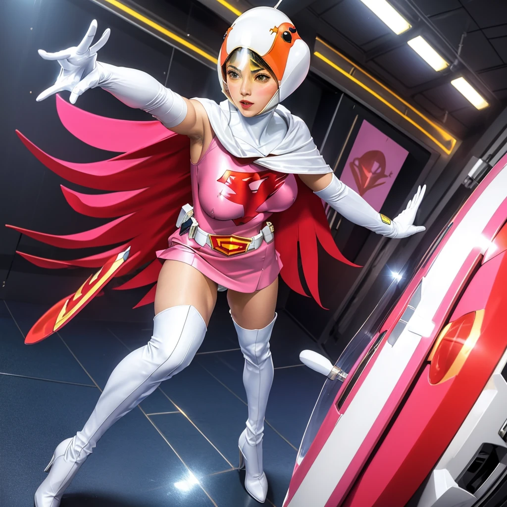 ANI_CLASSIC_jun_gatchaman_ownwaifu,1girl, 15yo,good anatomy, masterpiece, best quality,realistic, hyper realistic, 16k hdr, long hair,breasts,lips,large breasts,lipstick,makeup,gloves,cape,helmet,belt,elbow gloves,white gloves,mask,ultra miniskirt,leotard,spacesuit,white tight overknee highheels boots,pink dress,superhero,bodysuit,cleavage,erected nipples,(fighting poses),cameltoe