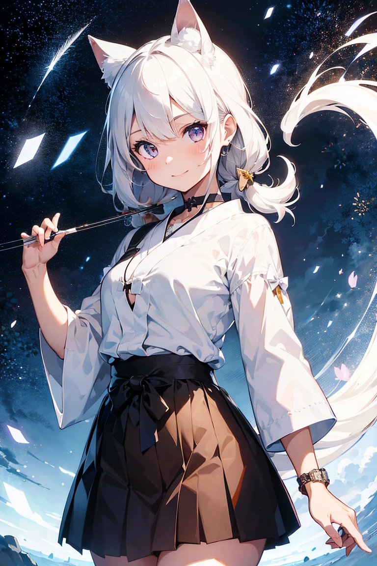 (((masterpiece))), (((Highest quality))), ((Very detailed)), ((Very detailedなイラスト)), ((Ultra-fine painting)), (16K Highest quality wallpaper:1.4), (Detailed and elaborate illustration style,:1.8) Detailed skin texture, High quality fabric, , (T-masterpiece), (Very detailedな顔:1.4), original, RAW Photos, Professional, Intricate details, Very detailed, Direct sunlight:1.6, ,(Cowboy Shot:1.9)、(Perfect Anatomy:1.4), (Extremely elaborate hands:1.2), (Very elaborate fingers:1.2), (Very elaborate fingers先:1.2),, (alone:1.6), (beautiful and adorable cat ears:1.6), (Intricate and delicate white cat ears:1.4), (beautiful, Shiny white hair:1.6), (Very fine and delicate white hair:1.4),, (Very detailedな顔:1.4),(Light purple eyes:1.4),(smile:1.4),, whole body,
One Girl, bangs, black choker, black tie, blonde, b, blush, bracelet, chest, choker, clothes Surrounding area waist, clavicle, collared shirt, Cowboy Shot,, ear Earrings, Eyebrows visible through hair, Gradient Hair, Grin, Improve, jewelry, Kogal, Long Hair, View your audience,, Earrings, ring, , shirt, skirt, smile, alone, white shirt,
street, null, Gerbera petals,shape, (Hakama:1.3), (Bow and Arrow:1.3), fashionable, woman, Vibrant, Costumes, stop temporarily, front, colorful, dynamic, background, element, Be confident, performance, Holding, statement, accessories, Majestic, Coiled, Surrounding area, touch, scene, article, cover, bold, to attract attention, title, stylish, font, Catchy, Heading, big, impressive, Modern, tendency, concentrate, fashion,