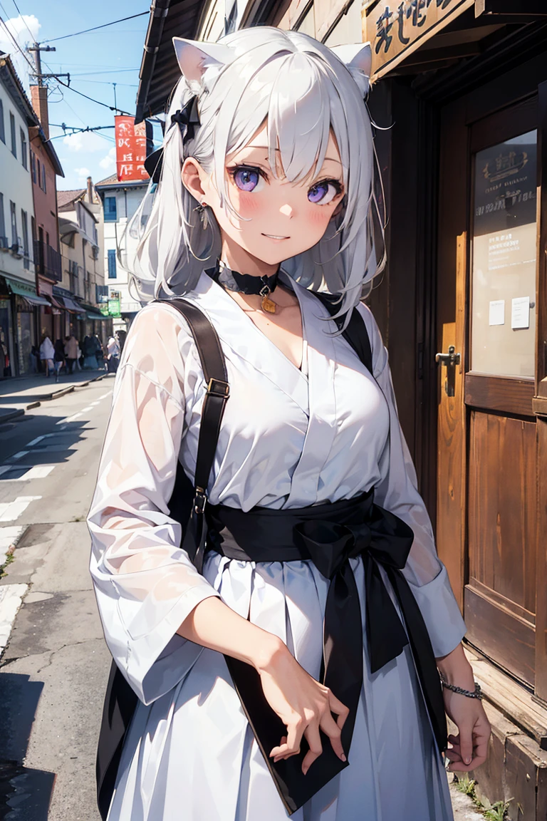 (((masterpiece))), (((Highest quality))), ((Very detailed)), ((Very detailedなイラスト)), ((Ultra-fine painting)), (16K Highest quality wallpaper:1.4), (Detailed and elaborate illustration style,:1.8) Detailed skin texture, High quality fabric, , (T-masterpiece), (Very detailedな顔:1.4), original, RAW Photos, Professional, Intricate details, Very detailed, Direct sunlight:1.6, ,(Cowboy Shot:1.9)、(Perfect Anatomy:1.4), (Extremely elaborate hands:1.2), (Very elaborate fingers:1.2), (Very elaborate fingers先:1.2),, (alone:1.6), (beautiful and adorable cat ears:1.6), (Intricate and delicate white cat ears:1.4), (beautiful, Shiny white hair:1.6), (Very fine and delicate white hair:1.4),, (Very detailedな顔:1.4),(Light purple eyes:1.4),(smile:1.4),, whole body,
One Girl, bangs, black choker, black tie, blonde, b, blush, bracelet, chest, choker, clothes Surrounding area waist, clavicle, collared shirt, Cowboy Shot,, ear Earrings, Eyebrows visible through hair, Gradient Hair, Grin, Improve, jewelry, Kogal, Long Hair, View your audience,, Earrings, ring, , shirt, skirt, smile, alone, white shirt,
street, null, Gerbera petals,shape, (Hakama:1.3), (Bow and Arrow:1.3), fashionable, woman, Vibrant, Costumes, stop temporarily, front, colorful, dynamic, background, element, Be confident, performance, Holding, statement, accessories, Majestic, Coiled, Surrounding area, touch, scene, article, cover, bold, to attract attention, title, stylish, font, Catchy, Heading, big, impressive, Modern, tendency, concentrate, fashion,