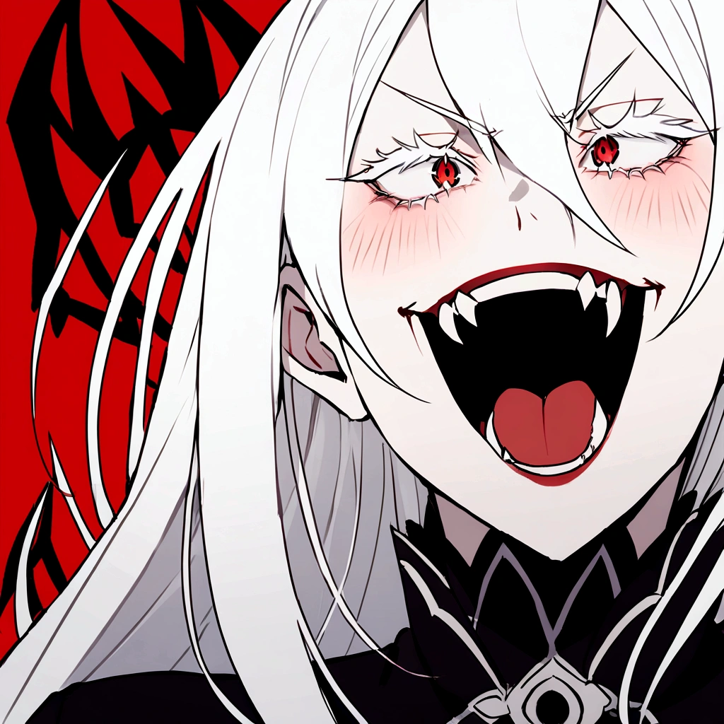 Evil woman, psycho laugh, loca, White hair, thick white eyelashes, fangs, demonic, echidna re:zero, crazy laugh, pure evil, black clothes, red tones, happy expression, big breasts