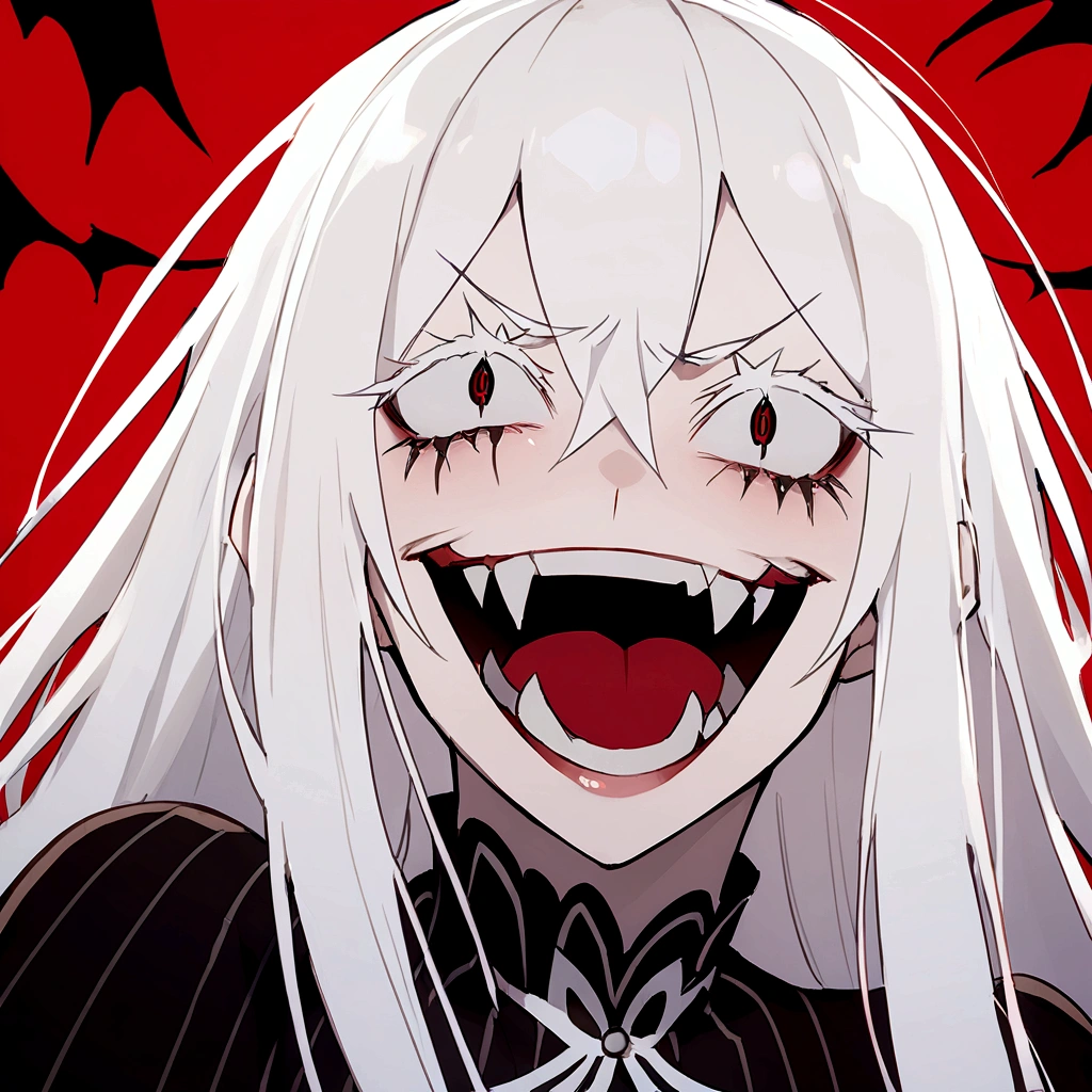 Evil woman, psycho laugh, loca, White hair, thick white eyelashes, fangs, demonic, echidna re:zero, crazy laugh, pure evil, black clothes, red tones, happy expression, big breasts