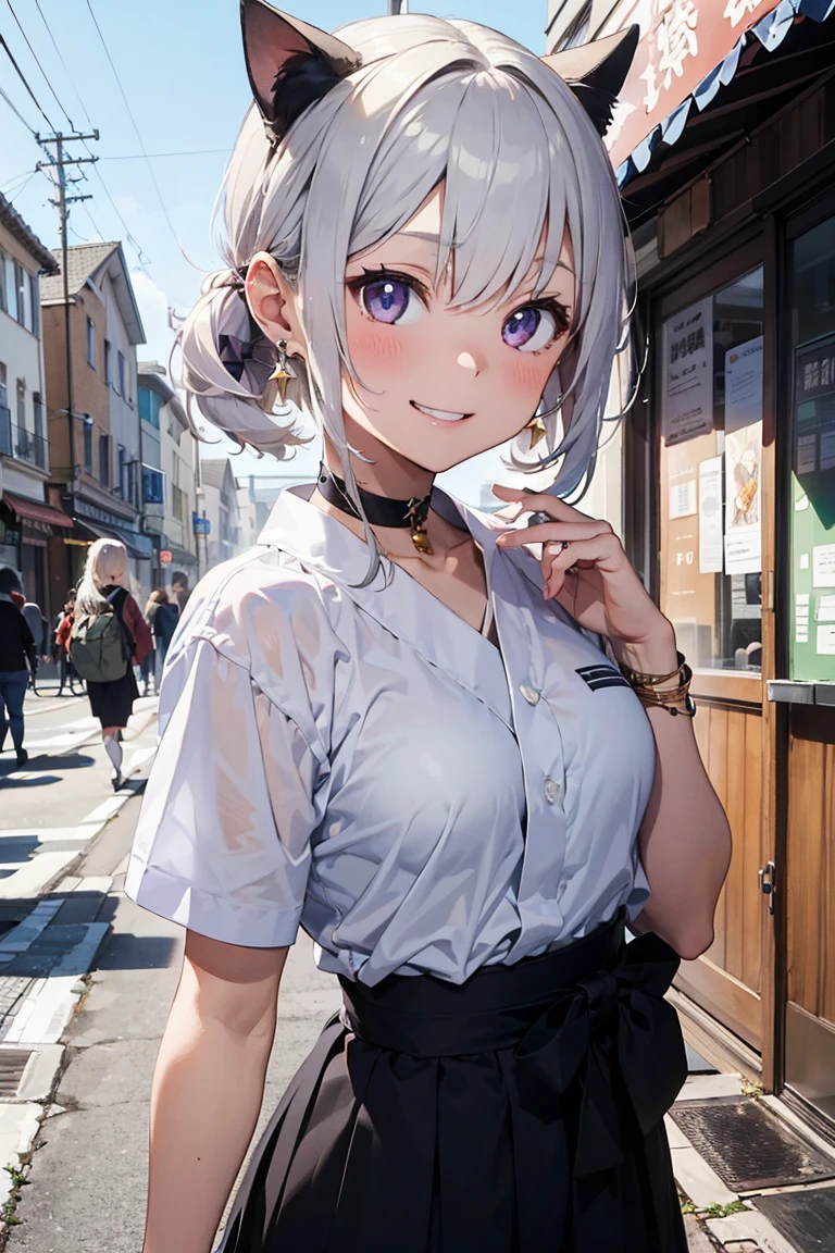 (((masterpiece))), (((Highest quality))), ((Very detailed)), ((Very detailedなイラスト)), ((Ultra-fine painting)), (16K Highest quality wallpaper:1.4), (Detailed and elaborate illustration style,:1.8) Detailed skin texture, High quality fabric, , (T-masterpiece), (Very detailedな顔:1.4), original, RAW Photos, Professional, Intricate details, Very detailed, Direct sunlight:1.6, ,(Cowboy Shot:1.9)、(Perfect Anatomy:1.4), (Extremely elaborate hands:1.2), (Very elaborate fingers:1.2), (Very elaborate fingers先:1.2),, (alone:1.6), (beautiful and adorable cat ears:1.6), (Intricate and delicate white cat ears:1.4), (beautiful, Shiny white hair:1.6), (Very fine and delicate white hair:1.4),, (Very detailedな顔:1.4),(Light purple eyes:1.4),(smile:1.4),,  whole body,
One Girl, bangs, black choker, black tie, blonde, b, blush, bracelet, chest, choker, clothes Surrounding area waist, clavicle, collared shirt, Cowboy Shot,, ear Earrings, Eyebrows visible through hair, Gradient Hair, Grin, Improve, jewelry, Kogal, Long Hair, View your audience,, Earrings,  ring, , shirt, skirt, smile, alone, white shirt,
street, null, Gerbera petals,shape, (Hakama:1.3), (Bow and Arrow:1.3), fashionable, woman, Vibrant, Costumes, stop temporarily, front, colorful, dynamic, background,  element, Be confident, performance, Holding, statement, accessories, Majestic, Coiled, Surrounding area, touch, scene, article, cover, bold, to attract attention, title, stylish, font, Catchy, Heading, big, impressive, Modern, tendency, concentrate, fashion,