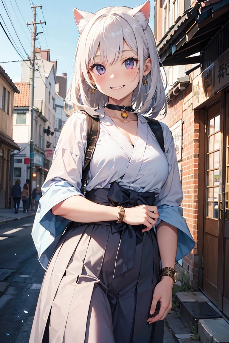(((masterpiece))), (((Highest quality))), ((Very detailed)), ((Very detailedなイラスト)), ((Ultra-fine painting)), (16K Highest quality wallpaper:1.4), (Detailed and elaborate illustration style,:1.8) Detailed skin texture, High quality fabric, , (T-masterpiece), (Very detailedな顔:1.4), original, RAW Photos, Professional, Intricate details, Very detailed, Direct sunlight:1.6, ,(Cowboy Shot:1.9)、(Perfect Anatomy:1.4), (Extremely elaborate hands:1.2), (Very elaborate fingers:1.2), (Very elaborate fingers先:1.2),, (alone:1.6), (beautiful and adorable cat ears:1.6), (Intricate and delicate white cat ears:1.4), (beautiful, Shiny white hair:1.6), (Very fine and delicate white hair:1.4),, (Very detailedな顔:1.4),(Light purple eyes:1.4),(smile:1.4),,  whole body,
One Girl, bangs, black choker, black tie, blonde, b, blush, bracelet, chest, choker, clothes Surrounding area waist, clavicle, collared shirt, Cowboy Shot,, ear Earrings, Eyebrows visible through hair, Gradient Hair, Grin, Improve, jewelry, Kogal, Long Hair, View your audience,, Earrings,  ring, , shirt, skirt, smile, alone, white shirt,
street, null, Gerbera petals,shape, (Hakama:1.3), (Bow and Arrow:1.3), fashionable, woman, Vibrant, Costumes, stop temporarily, front, colorful, dynamic, background,  element, Be confident, performance, Holding, statement, accessories, Majestic, Coiled, Surrounding area, touch, scene, article, cover, bold, to attract attention, title, stylish, font, Catchy, Heading, big, impressive, Modern, tendency, concentrate, fashion,