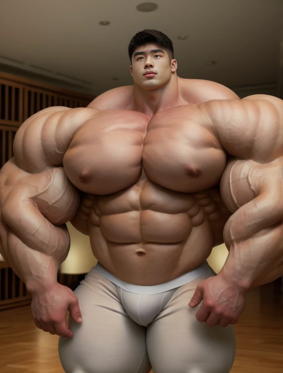 1 asian boy, giant, alone, giant bodybuilder, illuminating light, strong body, bulk, large size, staring, standing in white photo studio, indoor, nude, white simple underwear, big bulge, extraordinary big, brutalmass, giant muscular body, bulk, buff, massive body, large meaty body size, extremely wide body