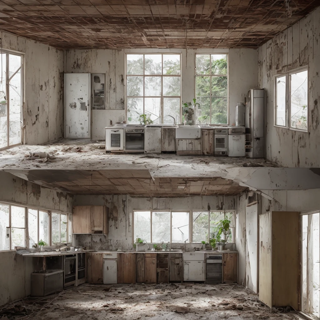 Abandoned kitchen, post-war, No people, puddle of water, infiltration on the wall and ceiling, refrigerator with rusty door between open and stain of infiltration, wooden cabinet with rusty door between open and stain of infiltration, floor with floor with stains of infiltration and missile on the floor next to the refrigerator, plants on the ceiling and wall invading the space.
 Soft light coming in through the open wooden window with broken glass.
 Intricate details, simple and spontaneous lines, humorous, graphic illustration style, 4k definition with measurements of 3840 x 2160 pixels, front view of the scene.