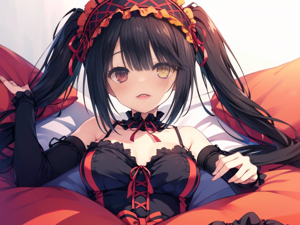 KurumiBase, (clock eyes), heterochromia, twintails, hairband, red dress, frills, detached sleeves, frilled choker,Lying down,bed,Blushing,View your viewers,Open Mouth Smile,Face close up,Simple Background,,best image quality,highest quality