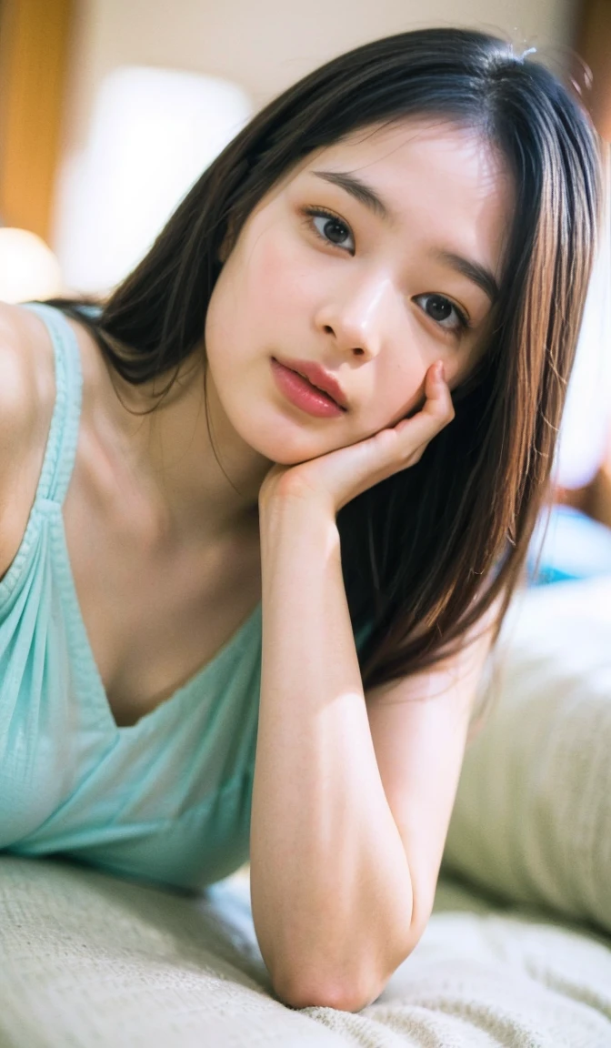 Realistic, nsfw, (On the bed), (Lying down), From above, Light Smile, uhd, super detail, best quality, mini skirt