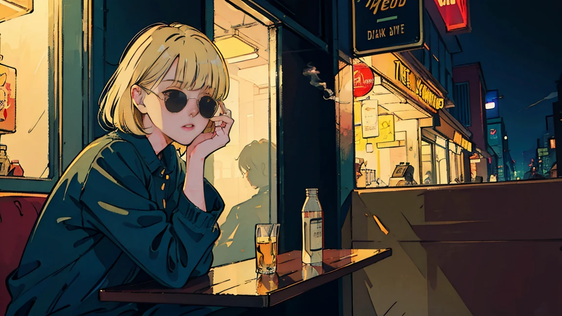 Beautiful blonde Asian girl sitting in a diner at night, visible from the window, perfect face, sunglasses, Smoking white Taylormade cigarettes, neon black, (with backlight: 1.1), hard shadow, masterpiece, highest quality, Complex, model shooting style, vintage, film grain, incomplete details