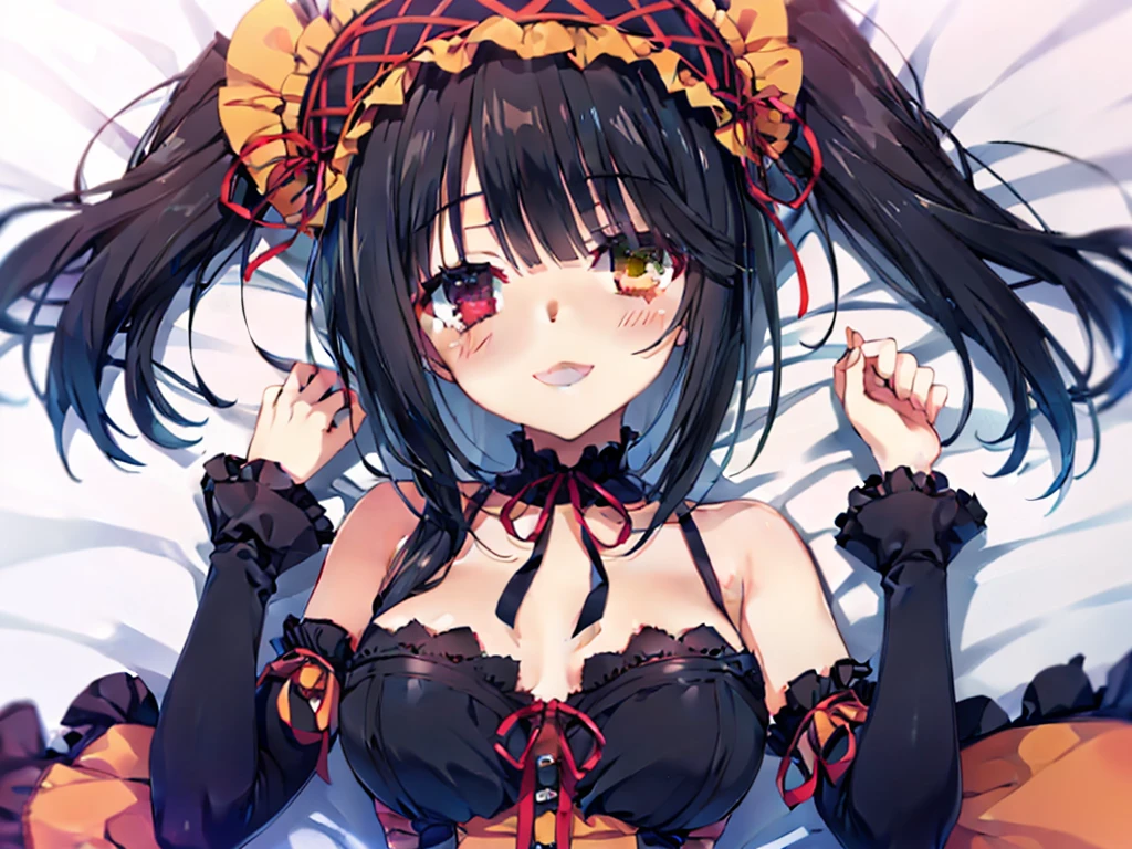 KurumiBase, (clock eyes), heterochromia, twintails, hairband, red dress, frills, detached sleeves, frilled choker,Lying down,bed,Blushing,View your viewers,Open Mouth Smile,Face close up,Simple Background,,best image quality,highest quality