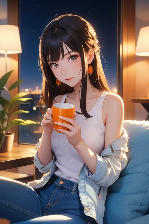 25-year-old anime girl in a white tank top, tight blue jeans and a short denim jacket in a landscape of a luxurious apartment with an orange cat on her lap and night view with a cup of tea in hand and playing with a ball of wool and a plant in the corner