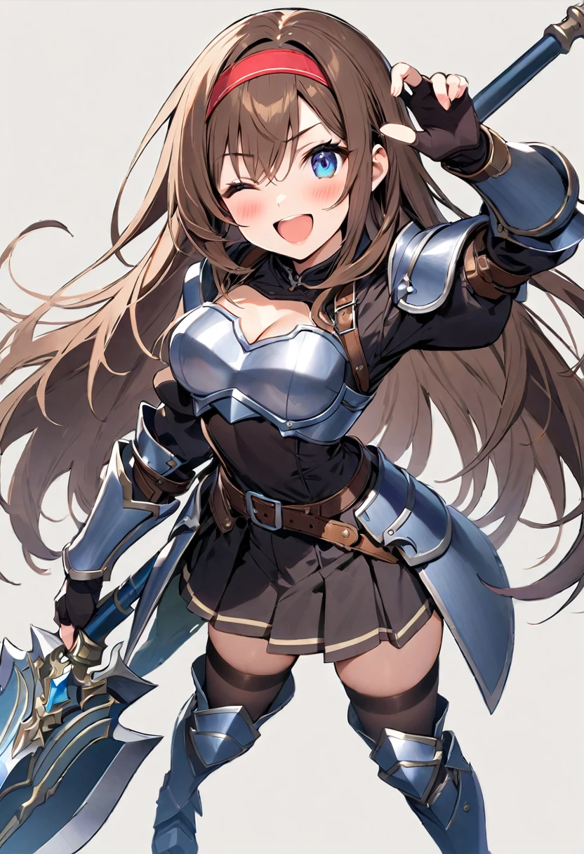 masterpiece, best quality, 1girl, solo, weapon, one-eye-closed, armor, thighhighs, polearm, skirt, brown-hair, blue-eyes, breasts, open-mouth, cleavage, smile, black-thighhighs, full-body, hairband, boots, medium-breasts, spear, armored-boots, gloves, fingerless-gloves, ;d, pleated-skirt, greaves, shoulder-armor, belt, holding, looking-at-viewer, holding-weapon, pauldrons, simple-background, zettai-ryouiki, very-long-hair, gauntlets, breastplate, red-hairband, black-gloves, outline, standing, blush, armored-dress