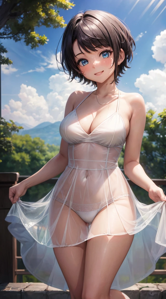 ((masterpiece)),(Highest quality,Highest quality,8K),waterpaint,figure,paint,Majestic,One girl,Cute Japanese girl in a white transparent dress,Leg Supports,White underwear,Sunburned skin,Sunburn mark
,Tomboy Hair,short hair,smile,Cleavage,blue eyes,Moderate ,High Sharpness,High resolution,