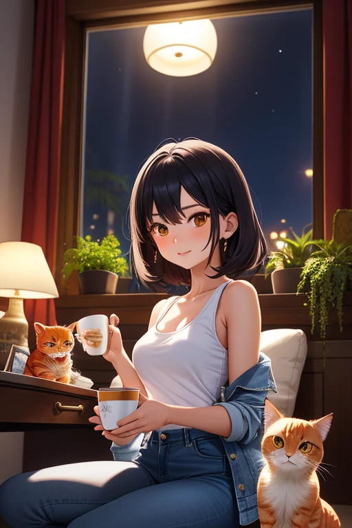 25-year-old anime girl in a white tank top, tight blue jeans and a short denim jacket in a landscape of a luxurious apartment with an orange cat on her lap and night view with a cup of tea in hand and playing with a ball of wool and a plant in the corner