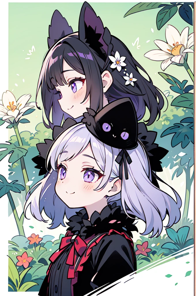 violet eyes, long black fur. Black white and purple lolita clothing. tender poses. Tender smile. Pale skin and blush. garden background with plants. icon style, profile picture. 