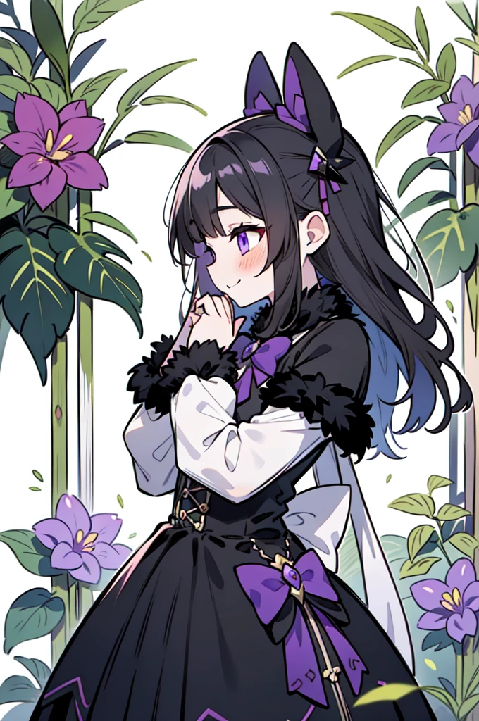 violet eyes, long black fur. Black white and purple ta clothing. tender poses. Tender smile. Pale skin and blush. garden background with plants. icon style, profile picture.