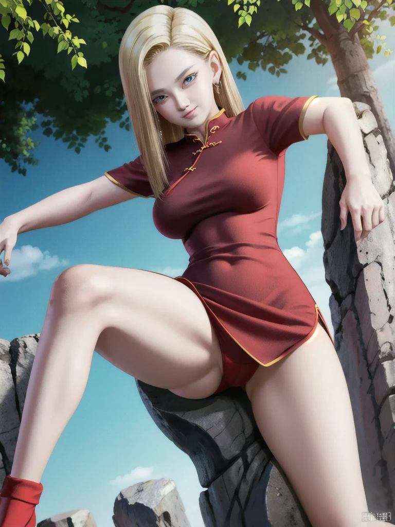 android 18, blonde long hair, (((Long Straight Hair))), blue eyes, ((Long Slit Red cheongsam)), (Red y cheongsam), (((Red))), (Biglooking at the audience,face smile, close-up, portrait, river, rock, tree, blue sky, high quality, masterpiece, sexy body, 8K olution, detailed faces, detailed finger