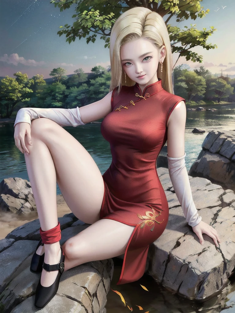 android 18, blonde long hair, (((Long Straight Hair))), blue eyes, ((Long Slit Red cheongsam)), (Red sexy cheongsam), (((Red))), (Big Breasts), looking at the audience,face smile, close-up, portrait, river, rock, tree, blue sky, high quality, masterpiece, sexy body, 8K resolution, detailed faces, detailed finger
