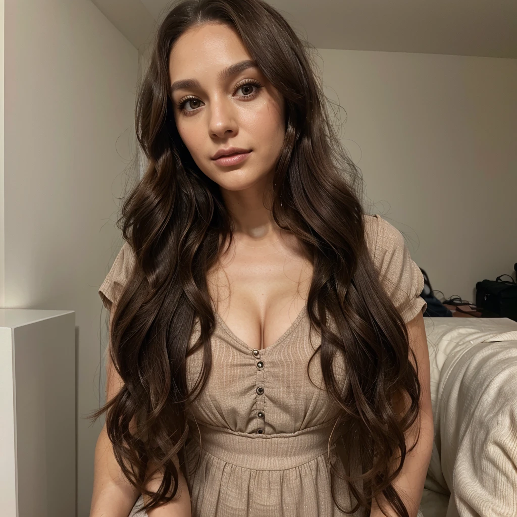 29 year old woman, long brown hair a little curly, Brown eyes, visage parfait, professional makeup like model, C and wearing a dress