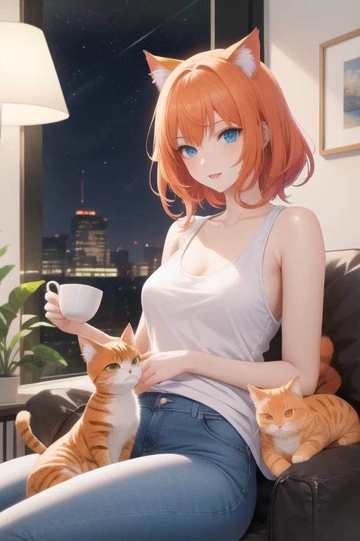 25-year-old anime girl in a white tank top, tight blue jeans and a short denim jacket in a landscape of a luxurious apartment with an orange cat on her lap and night view with a cup of tea in hand and playing with a ball of wool and a plant in the corner