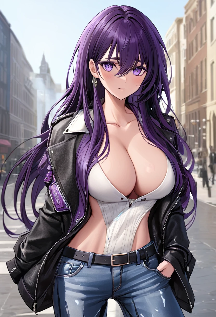 (masterpiece:1.37), best quality, (extremely detailed:1.37), woman, (very long hair:1.5), dark purple hair, purple eyes, (extremely detailed eyes:1.37), (wetting self:1.25), large breasts, stylish jacket, multicolored jackt, jeans, (open fly:1.5), cleavage, navel, city, high-tech, street
