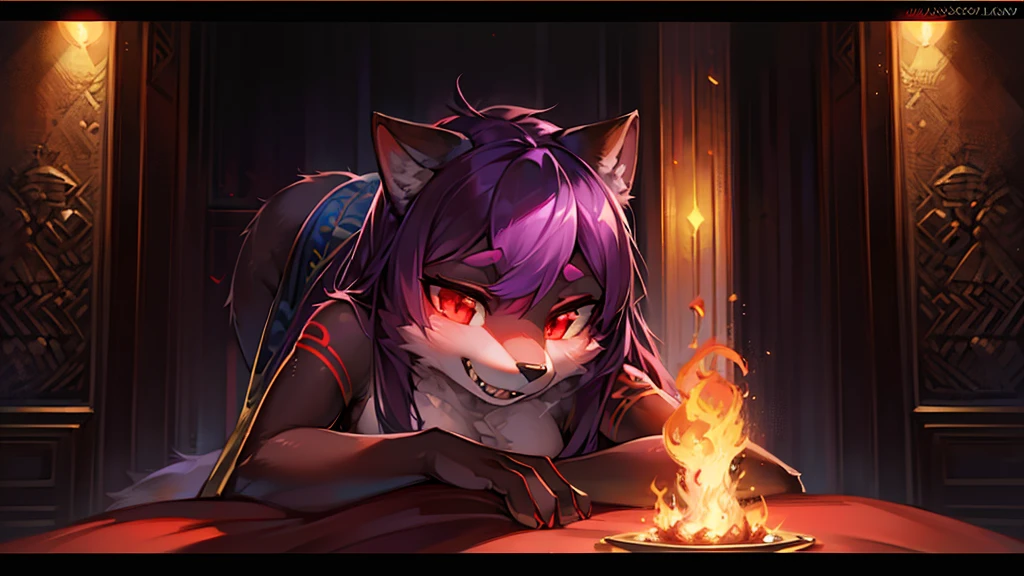 a purple and red wolf female,furry with gold markings,long dark purple hair,fangs,revealing dress,red eyes,attractive,seductive look,anthro, bending over, best quality,4k,8k,highres,masterpiece:1.2,ultra-detailed,realistic,photorealistic,photo-realistic:1.37,HDR,UHD,studio lighting,ultra-fine painting,sharp focus,physically-based rendering,extreme detail description,professional,vivid colors,bokeh,digital painting,concept art