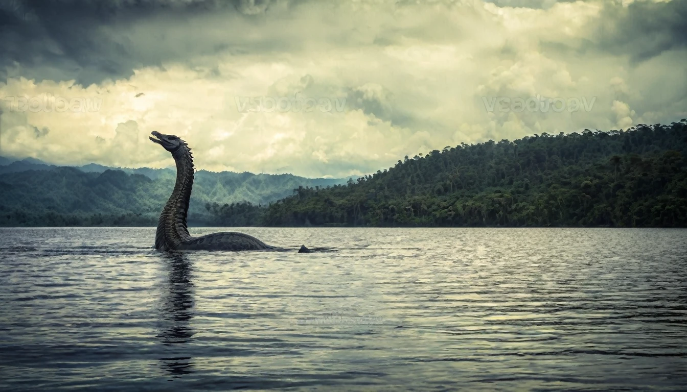 lake monster swimming in a lake with Borneo jungle and mountains in the background, Malaysia jungle and mountains, remove watermark, Loch Ness monster, nature photo, landscape photo, tourist photo, museum-quality photo, very beautiful photo, guardian of the holy lake, very accurate photo, very sharp photo, award winning masterpiece photo, mid shot photo, beautiful photo, wildlife photo, very known photo, ebay photo, atmospheric photo