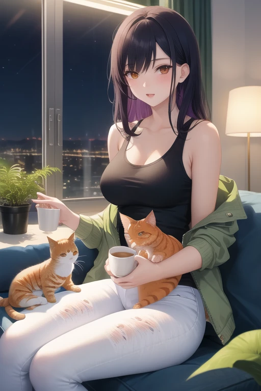 25-year-old anime girl in a white tank top, tight blue jeans and a short denim jacket in a landscape of a luxurious apartment with an orange cat on her lap and night view with a cup of tea in hand and playing with a ball of wool and a plant in the corner