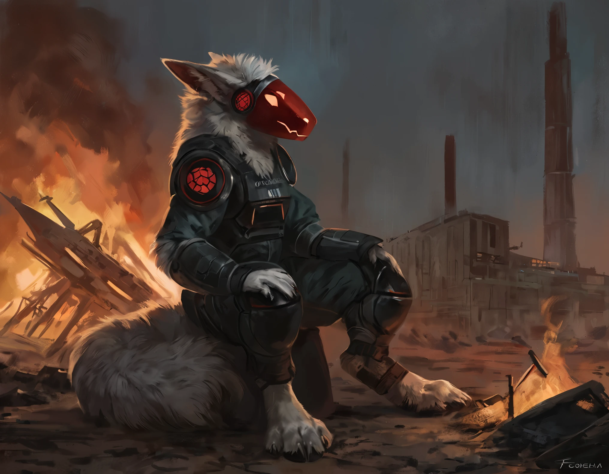 male, (red protogen face), (white protogen fur), protogen fighter, military destroyer unit, protogen, comic book style, illustration, solo, masterpiece, best art, full body, digitigrade, by oouna, by taran fiddler, wearing black fighter spacesuit , detailed hands, tall, detailed torso, dark and griddy, apocalyptic, sitting by a campfire, detailed paws, looking at viewer startled, head turned toward viewer, confused expression, silent hill kind of feeling, detailed protogen face expression