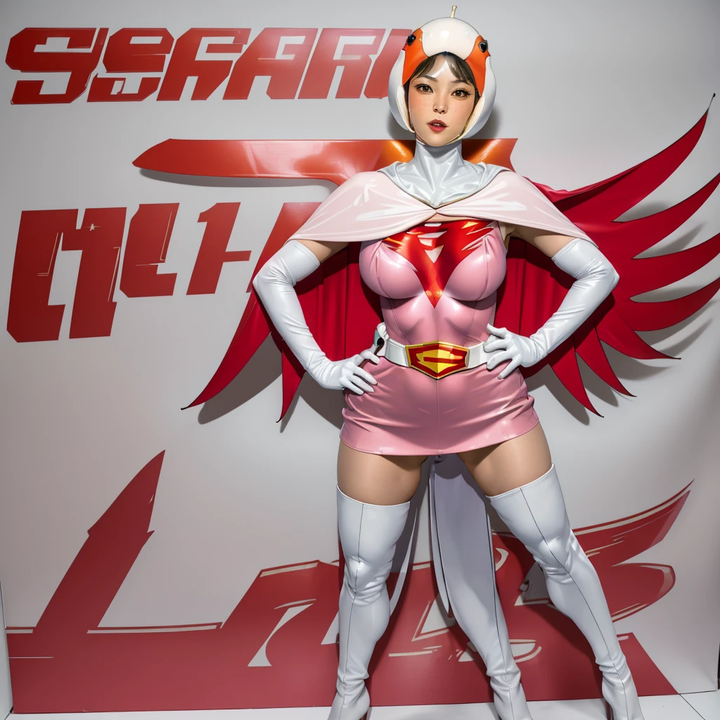 ANI_CLASSIC_jun_gatchaman_ownwaifu,1girl, 15yo,good anatomy, masterpiece, best quality,realistic, hyper realistic, 16k hdr, long hair,breasts,lips,large breasts,lipstick,makeup,gloves,cape,helmet,belt,elbow gloves,white gloves,mask,ultra miniskirt,leotard,spacesuit,white tight overknee highheels boots,pink dress,superhero,bodysuit,cleavage,erected nipples,(stand pose,hands on hip),(spread legs:1.1),cameltoe