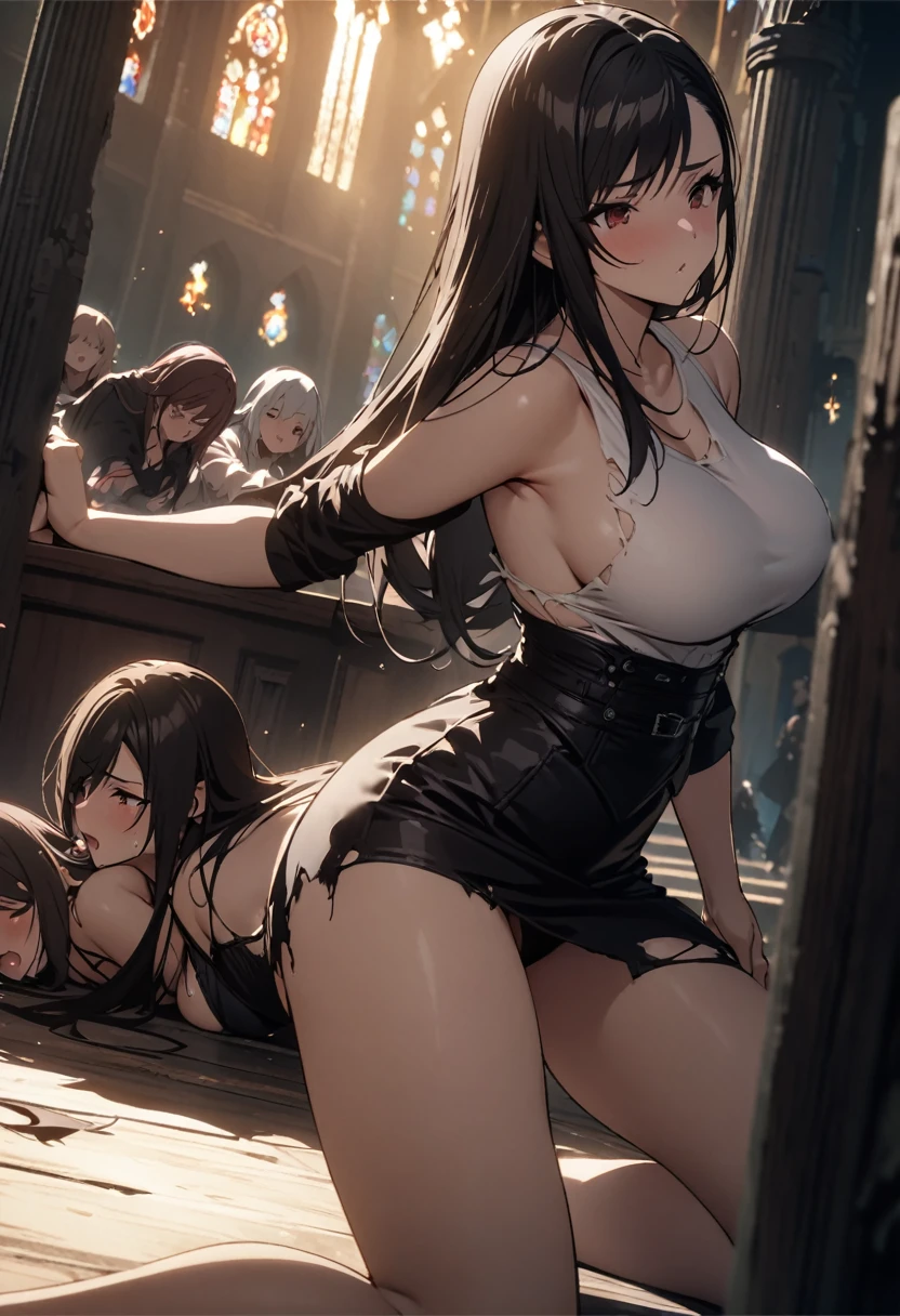 masterpiece, 最high quality, High resolution,  Final Fantasy 7、Tifa Lockhart、Black torn clothes 、Black ripped pantyhose、Dark church at night、sexy、Wearing a mini skirt、Thin legs、Big Breasts、Slim figure、high quality　CG Tone、Torn black panties、Defeat scene、Losing to a woman、fall forward onto the floor、Surrounded by women、Tattered、Prone