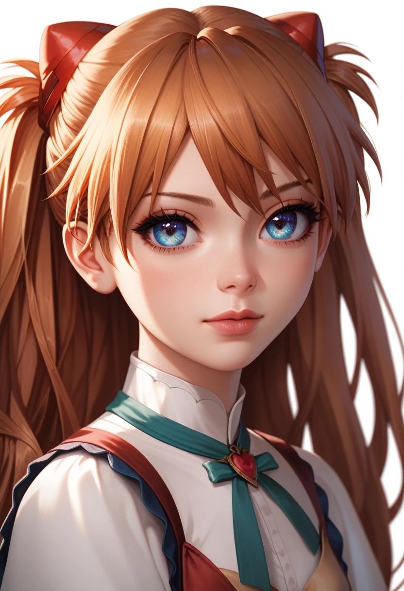 best quality, masterpiece, anime girl , young girl, 24 years old, 1girl, bangs, long hair, cute face, perfect shot, perfect anatomy, medieval, white background, solo girl, 4k, high resolution , detailed face, detailed eyes, beautiful eyes, sohryu_asuka_langley, very close up, focus on face,  