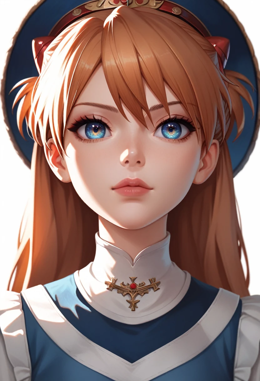 best quality, masterpiece, anime girl , young girl, 24 years old, 1girl, bangs, long hair, cute face, perfect shot, perfect anatomy, medieval, white background, solo girl, 4k, high resolution , detailed face, detailed eyes, beautiful eyes, sohryu_asuka_langley, very close up, focus on face,  