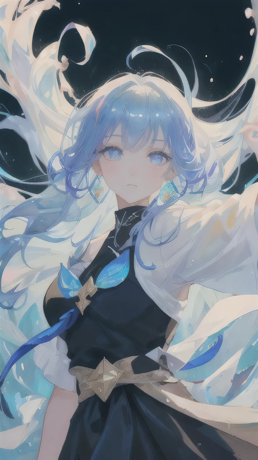 (masterpiece), (Best quality), (ultra detailed),(wild hair),(illustration), (1 girl), (fashion clothes), standing, model, Looking at the viewer, (interview), (simple background),beautiful detailed eyes, delicate Beautiful face, Floating,(high saturation),(colorful splashes),colorful bubble,(brilliant), focus on the face, Kamisato Ayaka, light blue hair, bang, hair ring, floating flowers, floating hair.girl, anime waifu, Looking at the viewer, very detailed, reflections transparent iridescent colors, long transparent iridescent RGB hair, art by Serafleur with artstation, thick acrylic,illustration on pixiv, waist-length portrait, gorgeous sacred girl, Best quality, ultra detailed,sad,smart,Beautiful face , beautiful light on a black background, Character style, визуализированный Octane,
