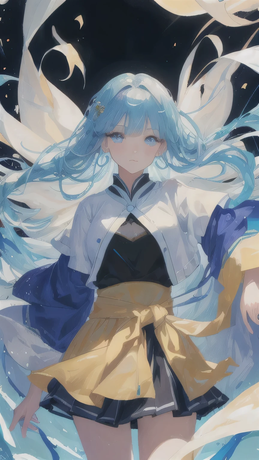 (masterpiece), (Best quality), (ultra detailed),(wild hair),(illustration), (1 girl), (fashion clothes), standing, model, Looking at the viewer, (interview), (simple background),beautiful detailed eyes, delicate Beautiful face, Floating,(high saturation),(colorful splashes),colorful bubble,(brilliant), focus on the face, Kamisato Ayaka, light blue hair, bang, hair ring, floating flowers, floating hair.girl, anime waifu, Looking at the viewer, very detailed, reflections transparent iridescent colors, long transparent iridescent RGB hair, art by Serafleur with artstation, thick acrylic,illustration on pixiv, waist-length portrait, gorgeous sacred girl, Best quality, ultra detailed,sad,smart,Beautiful face , beautiful light on a black background, Character style, визуализированный Octane,