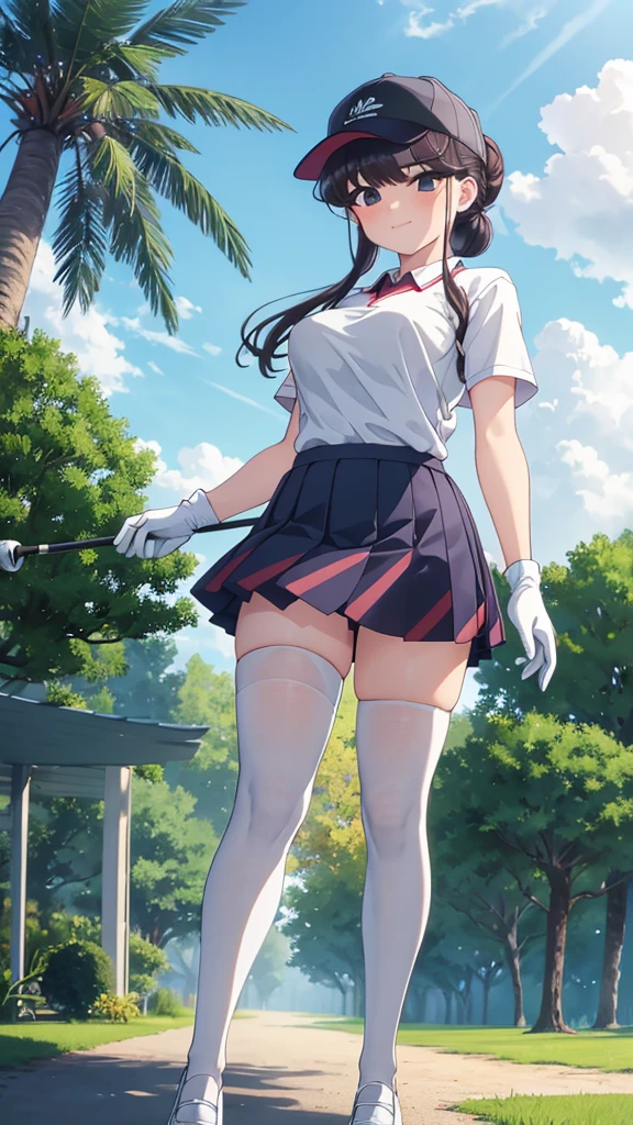 masterpiece, best quality, highly detailed, ultra high res, shokokomidef, tree, bush, white gloves, gloves, nature, forest, grass, outdoors, foliage, 1girl, park, day, golf club, skirt, thighhighs, hat, sky, lamppost, plant, white legwear, blue sky, smile, solo, breasts, palm tree, garden, under tree, long hair, short sleeves, pine tree, looking at viewer, against tree, bangs, jungle, shirt, tree shade, fence, pleated skirt, path, baseball cap, cloud, branch, hair bun, road, blush, on grass, white shirt


