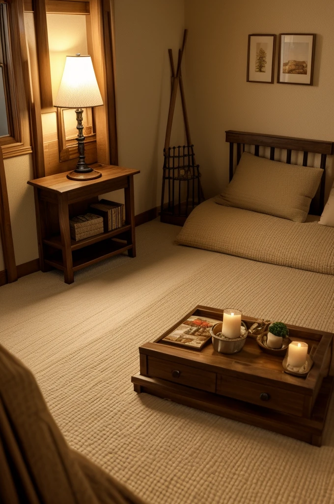 there is a bed with a bookcase and a fireplace in the corner, cozy place, cozy room, cozy envirnment, cozy and calm, cozy envirnment e tranquilo, room full of fire, cozy envirnment, cozy atmospheric, cozy envirnment, cozy bed, cozy vibes, very comfortable, cozy wallpaper, comfortable environment, warm interior, warm atmosphere, cozy aesthetic