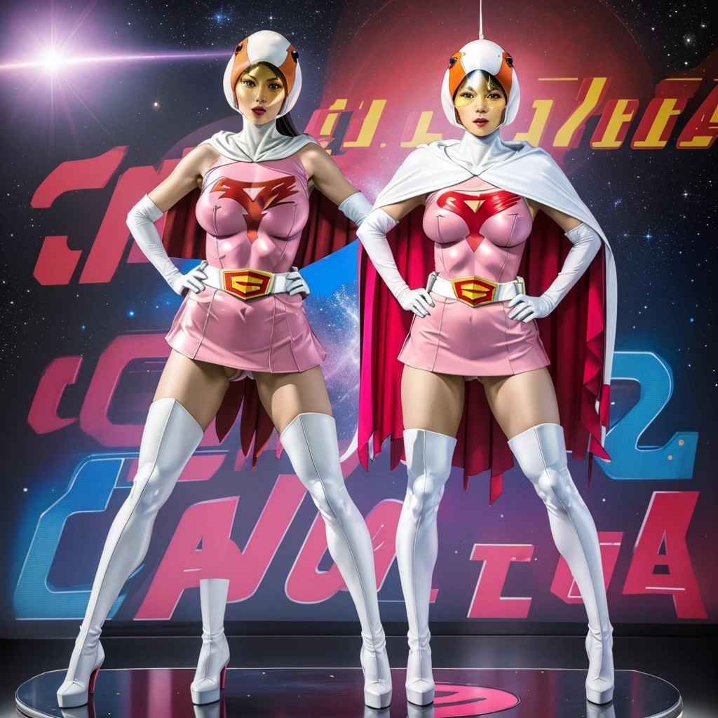 ANI_CLASSIC_jun_gatchaman_ownwaifu,1girl, ,good anatomy, masterpiece, best quality,realistic, hyper realistic, 16k hdr, long hair,breasts,lips,large breasts,lipstick,makeup,gloves,cape,helmet,belt,elbow gloves,white gloves,mask,ultra miniskirt,leotard,spacesuit,white tight overknee highheels boots,pink dress,superhero,bodysuit,cleavage,erected nipples,(stand pose,hands on hip),(spread legs:1.1),cameltoe