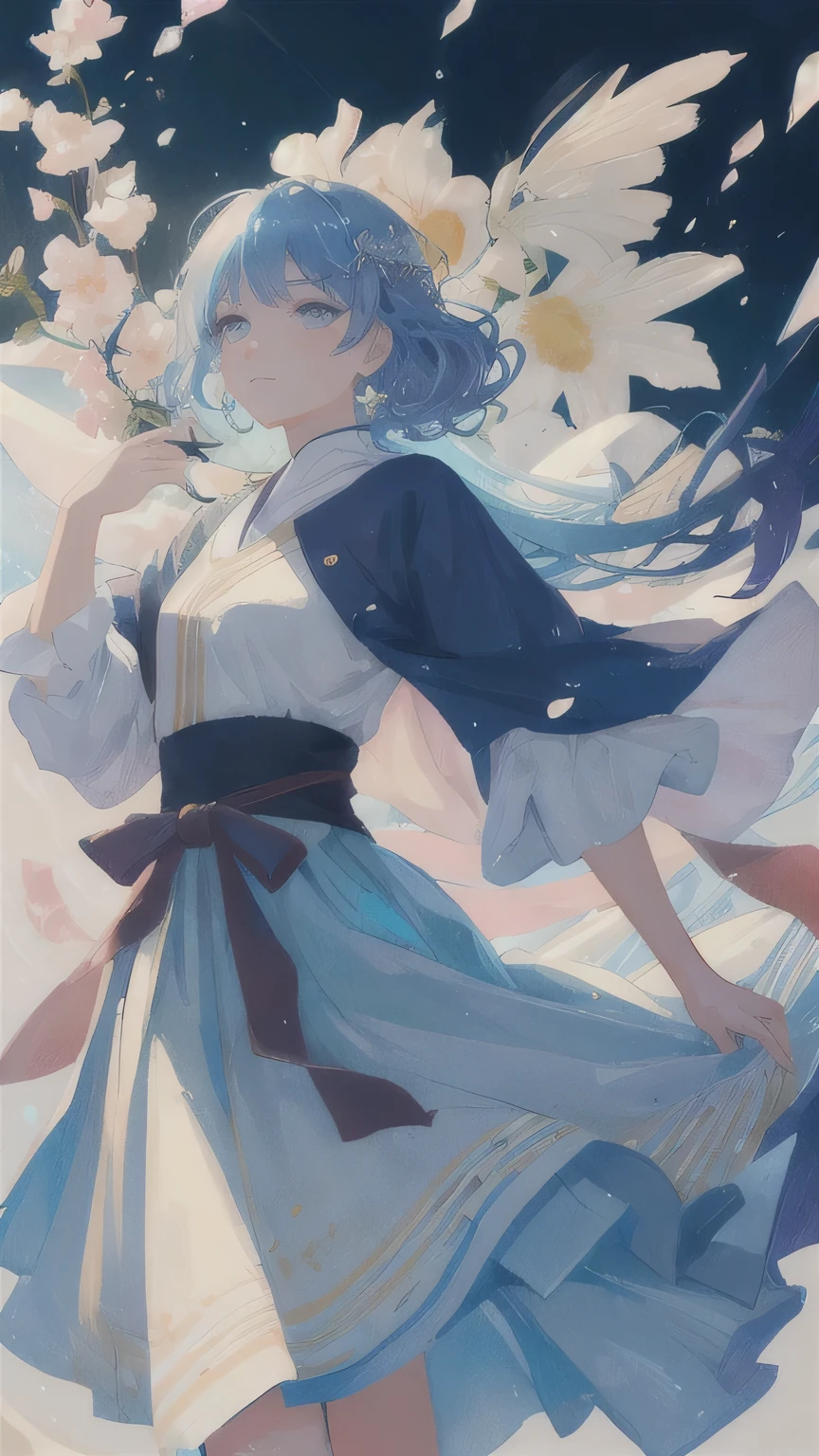 (masterpiece), (Best quality), (ultra detailed),(wild hair),(illustration), (1 girl), (fashion clothes), standing, model, Looking at the viewer, (interview), (simple background),beautiful detailed eyes, delicate Beautiful face, Floating,(high saturation),(colorful splashes),colorful bubble,(brilliant), focus on the face,  Kamisato Ayaka, light blue hair, bang, hair ring, floating flowers, floating hair.girl, anime waifu, Looking at the viewer, very detailed, reflections transparent iridescent colors, long transparent iridescent RGB hair, art by Serafleur with artstation, thick acrylic，illustration on pixiv, waist-length portrait, gorgeous sacred girl, Best quality, ultra detailed,sad,smart,Beautiful face , beautiful light on a black background, Character style, визуализированный Octane, 