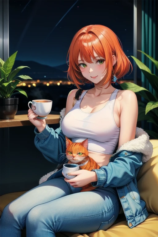 25-year-old anime girl in a white tank top, tight blue jeans and a short denim jacket in a landscape of a luxurious apartment with an orange cat on her lap and night view with a cup of tea in hand and playing with a ball of wool and a plant in the corner