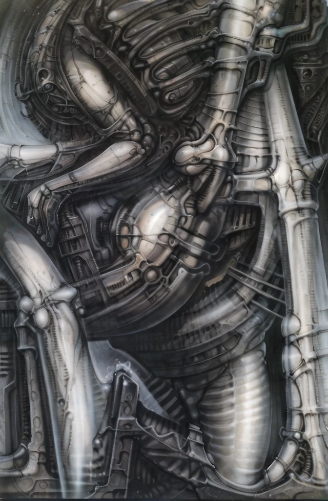 g1g3r, The image is a detailed view of H.R. Giger's \" Biomechanical Landscape No 312 \" plate, featuring a complex network of bones and organs in a purple-brown hue ,swirling gray and brown colors. The image is a 3D rendering of a complex, intricate machine with numerous interconnected tubes and pipes, giving the impression of a highly advanced, futuristic technology.The artwork is silver and purplish brown, with an ivory bones prominently displayed. The image is highly detailed and intricate, almost like a 3d version of a medical diagram (detailed view of an anatomy model, possibly of a human body, with transparent organs and bones exposed). The piece has a thick mechano-organic texture and is covered in fine details. The image has a swirling, organic quality to it. The artistic manner would be unmistakably Gigeresque. A dark and unsettling beauty would permeate the piece, blurring the lines between fascination and repulsion , forever haunted by the grotesque allure. Giger's signature artistic manner would be evident in every stroke. The airbrush would be wielded with masterful precision to create a hyperrealistic yet nightmarish aesthetic.
The texture of ivory with signs of burning and fossilization can be seen in the mix of smooth and rough brushstrokes. By Peter mohrbacher, ooze soaked pajama top