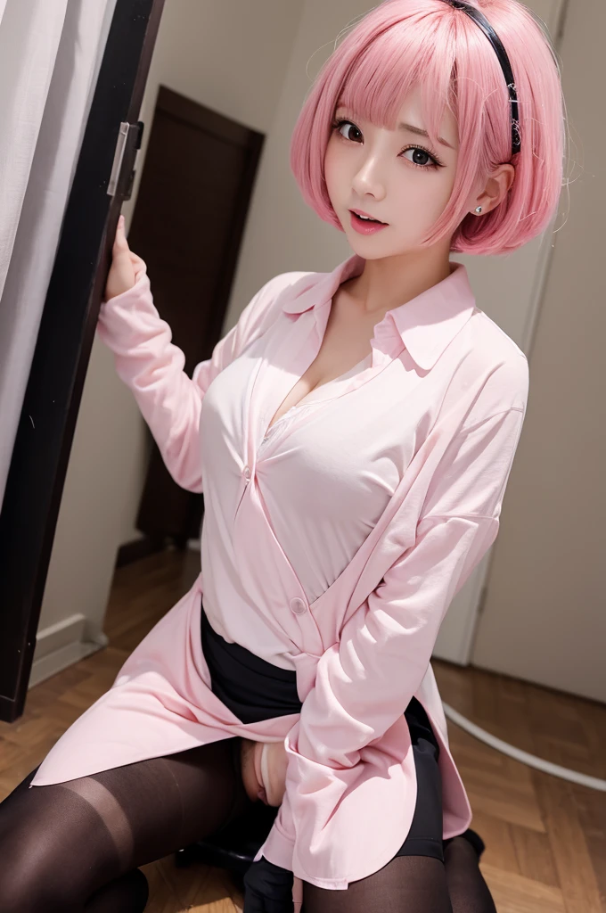 black tights、uniform、Pink Hair、short hair、genital、Peeing、Sexual fluid、Masturbation、Squirting、Climax、Fingering