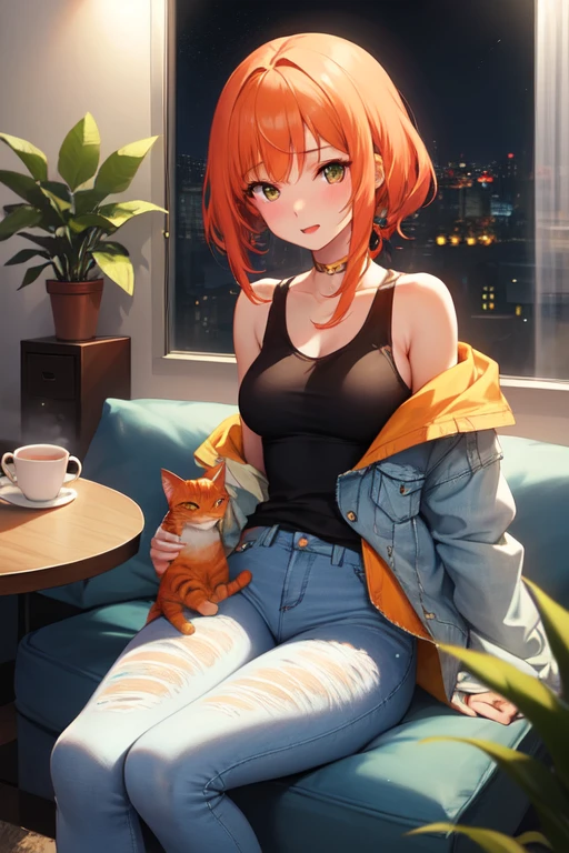 25-year-old anime girl in a white tank top, tight blue jeans and a short denim jacket in a landscape of a luxurious apartment with an orange cat on her lap and night view with a cup of tea in hand and playing with a ball of wool and a plant in the corner