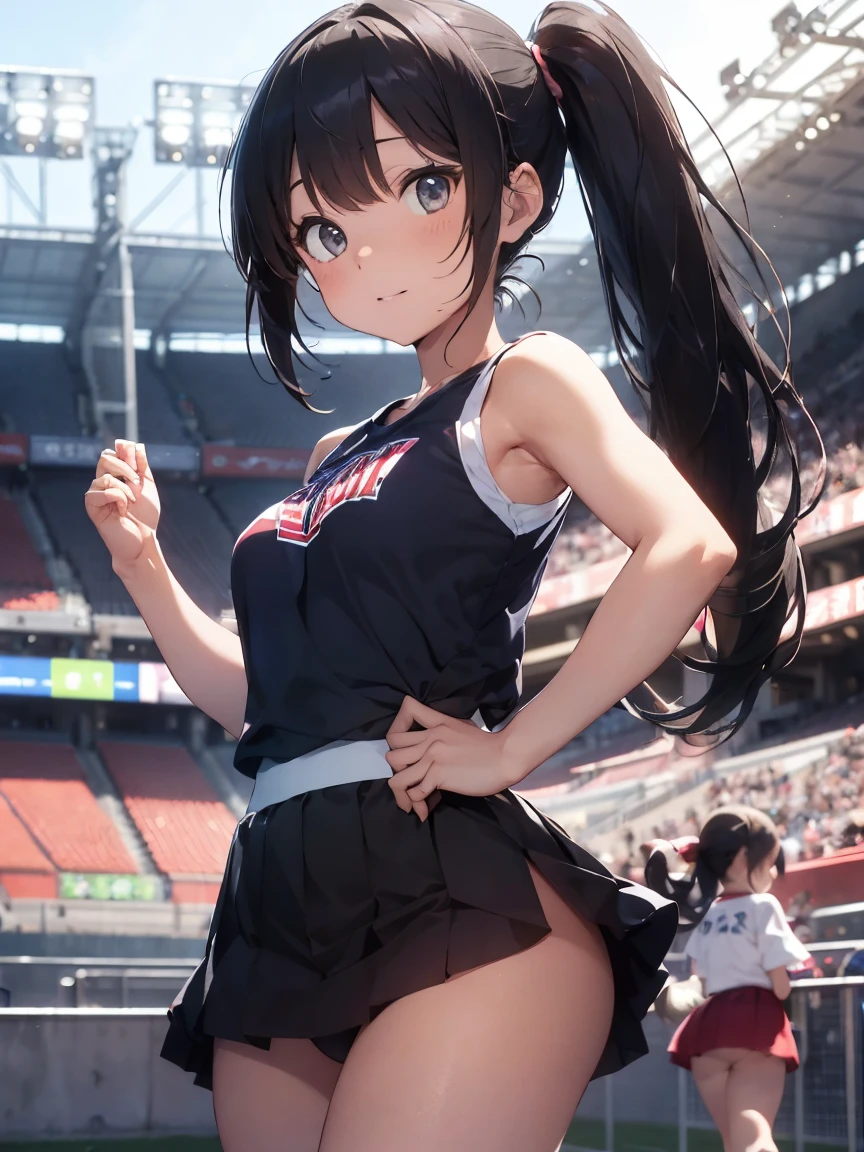 Arafedo Asian cheerleaders making dynamic poses with large pom-poms in both hands at the stadium、Close-up、Cosplay Photo、Anime Cosplay、Small breasts、Raw photo, Highest quality, High resolution, (masterpiece), (Photorealistic:1.4), Professional photography, Sharp focus, Hmph, 8K resolution, Intricate details, Depth of written boundary, Highly detailed CG Unity 8k wallpaper, Front light, With a girl, Beautiful Supermodel, Laughter、Slender、(Beautiful gray twin tail hair:1.3)、Korean style uniform、Peeking from below、(Thin thighs)、I can see your underwear、Wearing a sun visor on the head、